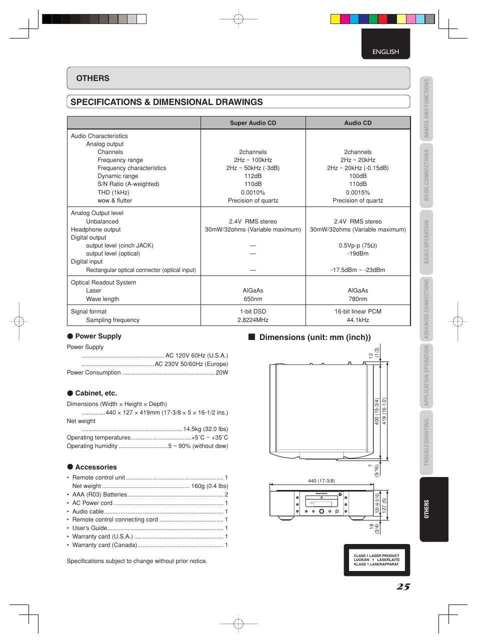 Specifications & dimensional drawings, Others, Dimensions (unit: mm (inch)) | Marantz SA-KI PEARL User Manual | Page 31 / 35