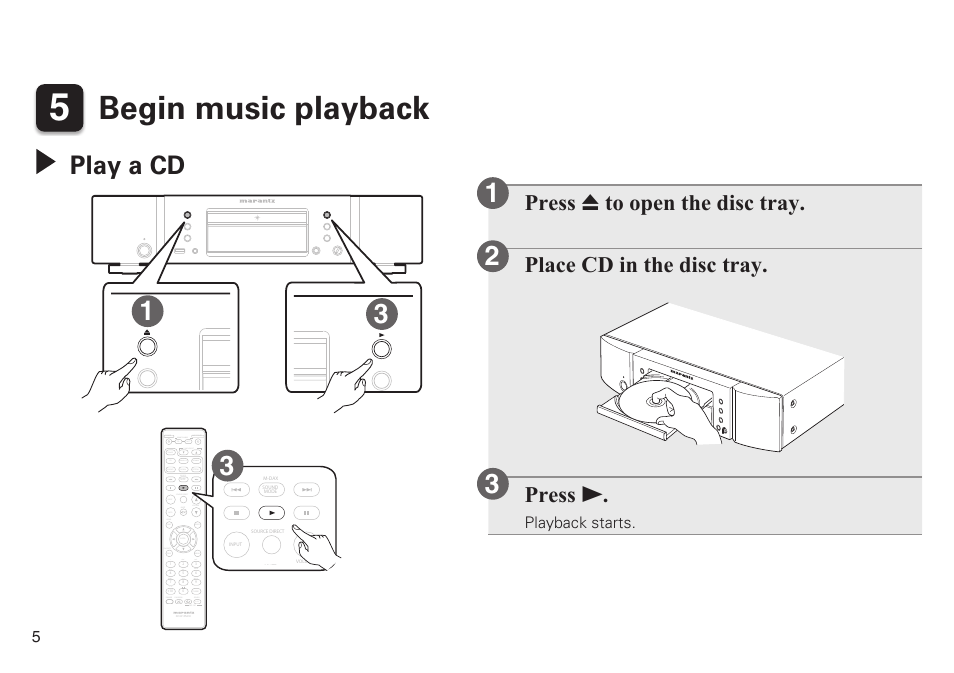 Begin music playback, Play a cd | Marantz CD6005N Quick Start User Manual | Page 6 / 10