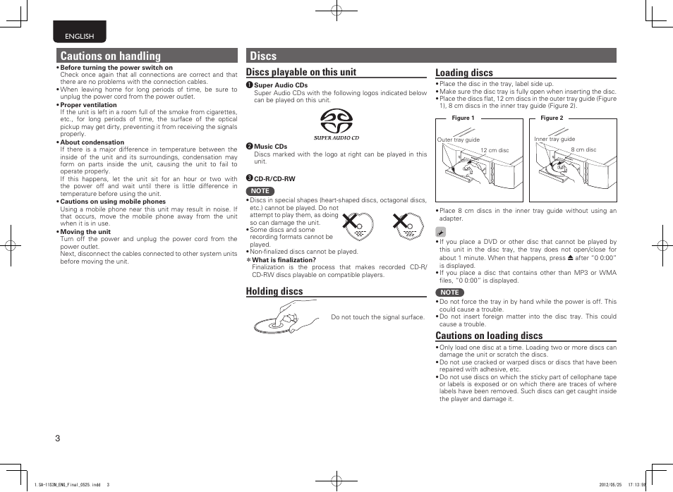 Cautions on handling, Discs, Discs playable on this unit | Holding discs, Loading discs, Cautions on loading discs | Marantz SA11S3N User Manual | Page 10 / 38