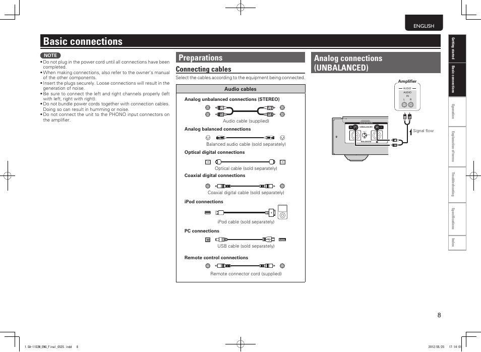Basic connections, Preparations, Analog connections (unbalanced) | Connecting cables, Hot (+) gnd, Cold (-) | Marantz SA11S3N User Manual | Page 15 / 38