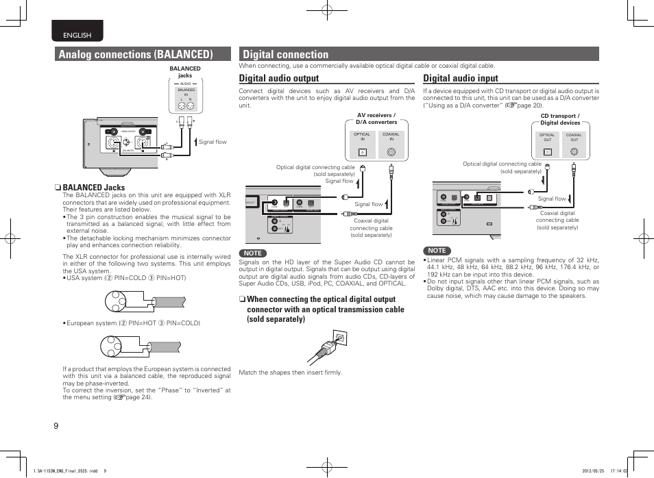 Analog connections (balanced), Digital connection, Hot (+) gnd | Cold (-), Digital audio input, Digital audio output, N balanced jacks | Marantz SA11S3N User Manual | Page 16 / 38