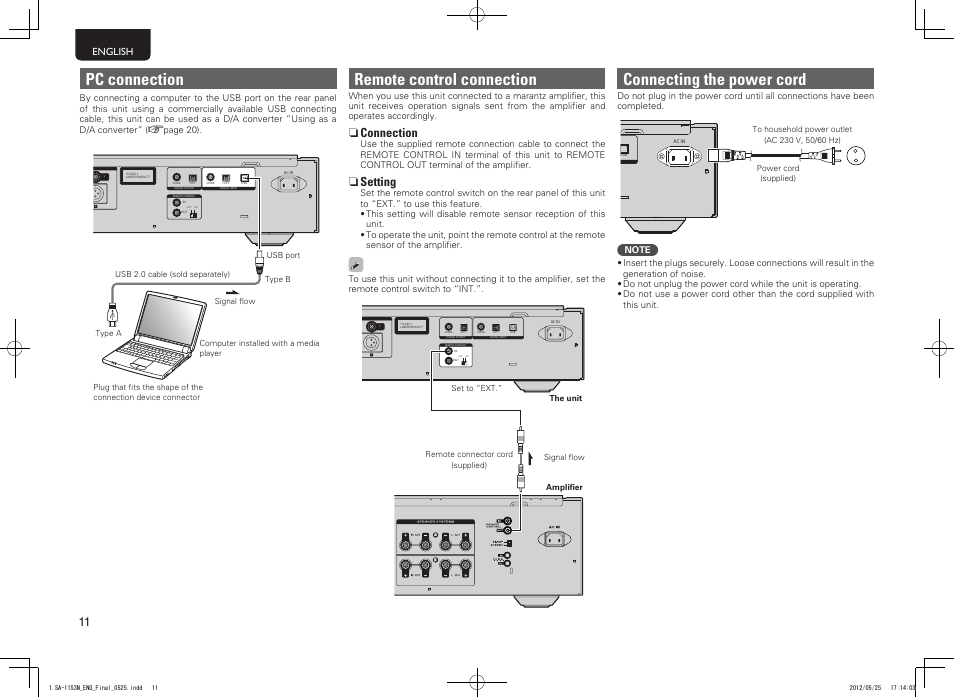 Remote control connection, Connecting the power cord, Pc connection | N connection, N setting | Marantz SA11S3N User Manual | Page 18 / 38