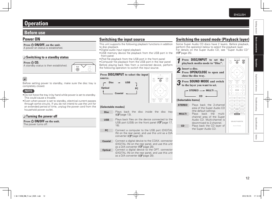 Operation, Before use, Power on | Switching the input source, Switching the sound mode (playback layer) | Marantz SA11S3N User Manual | Page 19 / 38