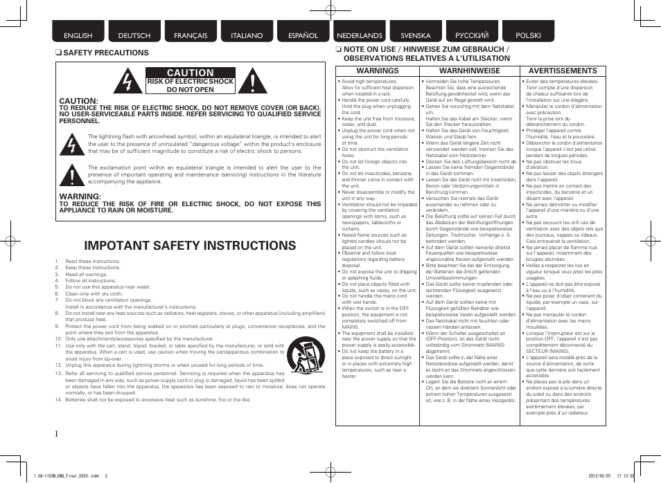 Impotant safety instructions, Caution | Marantz SA11S3N User Manual | Page 2 / 38