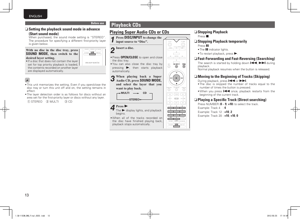 Playback cds, Playing super audio cds or cds | Marantz SA11S3N User Manual | Page 20 / 38