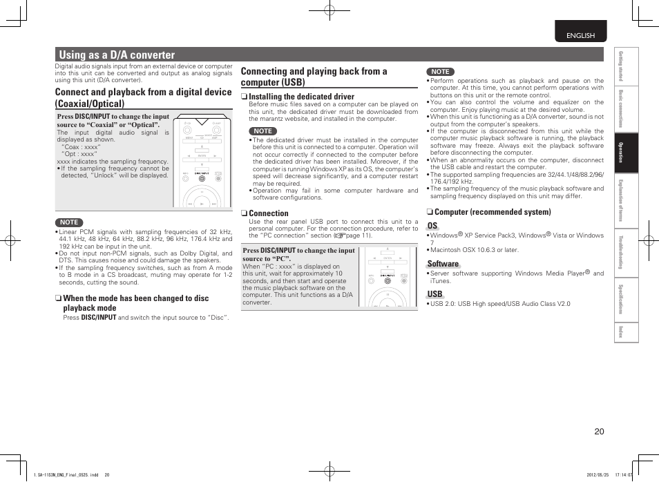 Using as a d/a converter, Connecting and playing back from a computer (usb) | Marantz SA11S3N User Manual | Page 27 / 38