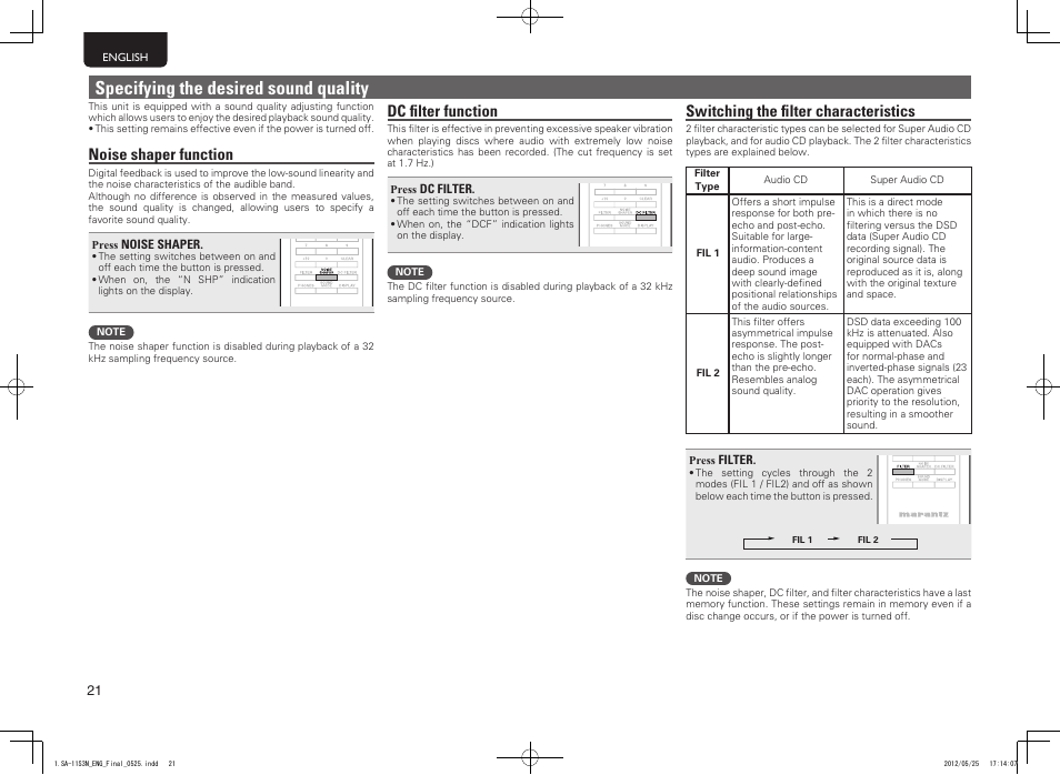 Specifying the desired sound quality, Noise shaper function, Dc filter function | Switching the filter characteristics | Marantz SA11S3N User Manual | Page 28 / 38