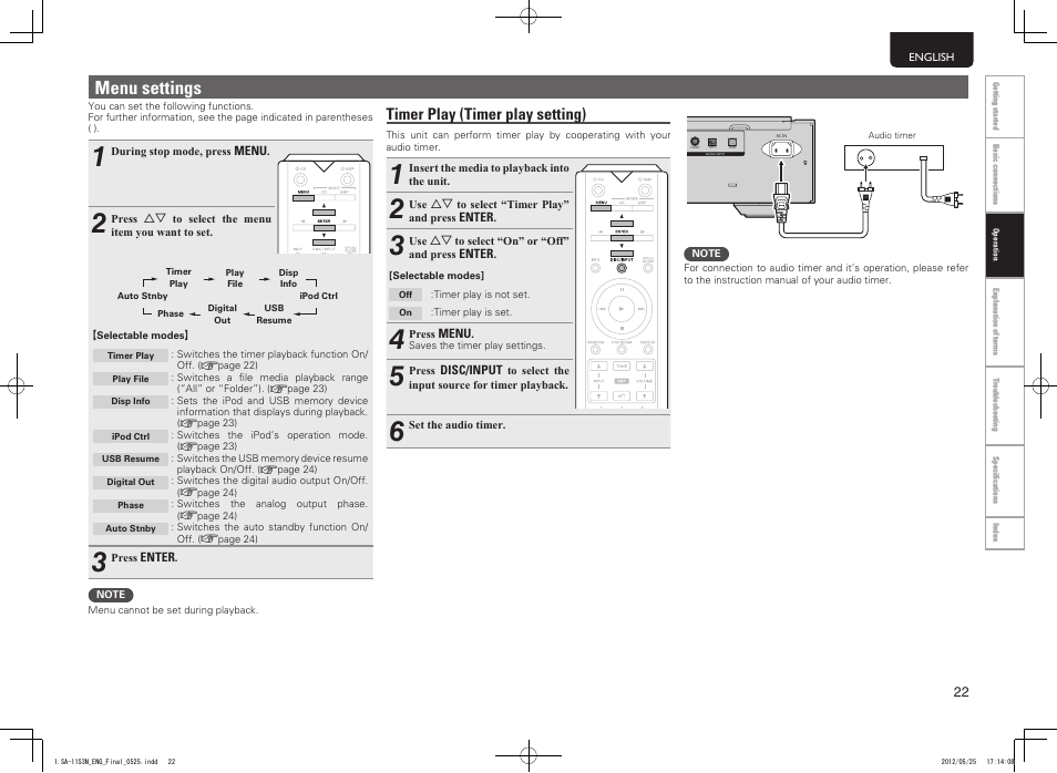 Menu settings, Timer play (timer play setting) | Marantz SA11S3N User Manual | Page 29 / 38
