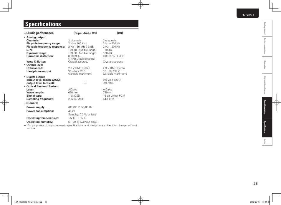 Specifications | Marantz SA11S3N User Manual | Page 35 / 38
