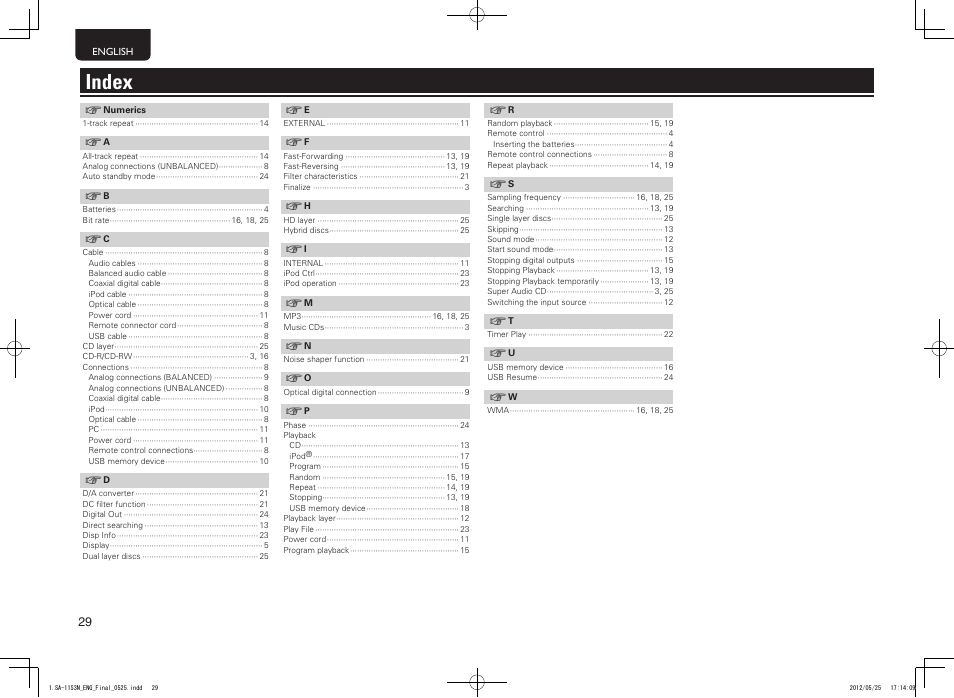 Index | Marantz SA11S3N User Manual | Page 36 / 38