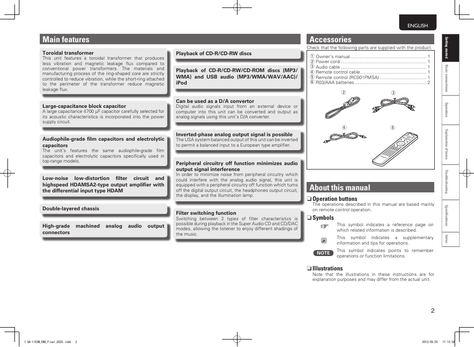 Main features, Accessories, About this manual | Marantz SA11S3N User Manual | Page 9 / 38