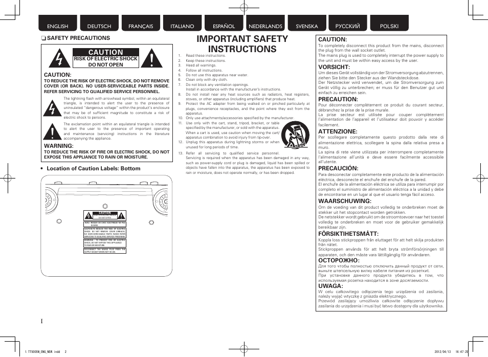 Important safety instructions, Caution | Marantz TT5005N User Manual | Page 2 / 12