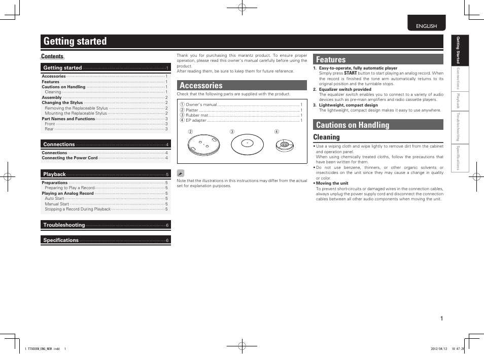 Getting started, Accessories, Features | Cautions on handling, Cleaning | Marantz TT5005N User Manual | Page 5 / 12