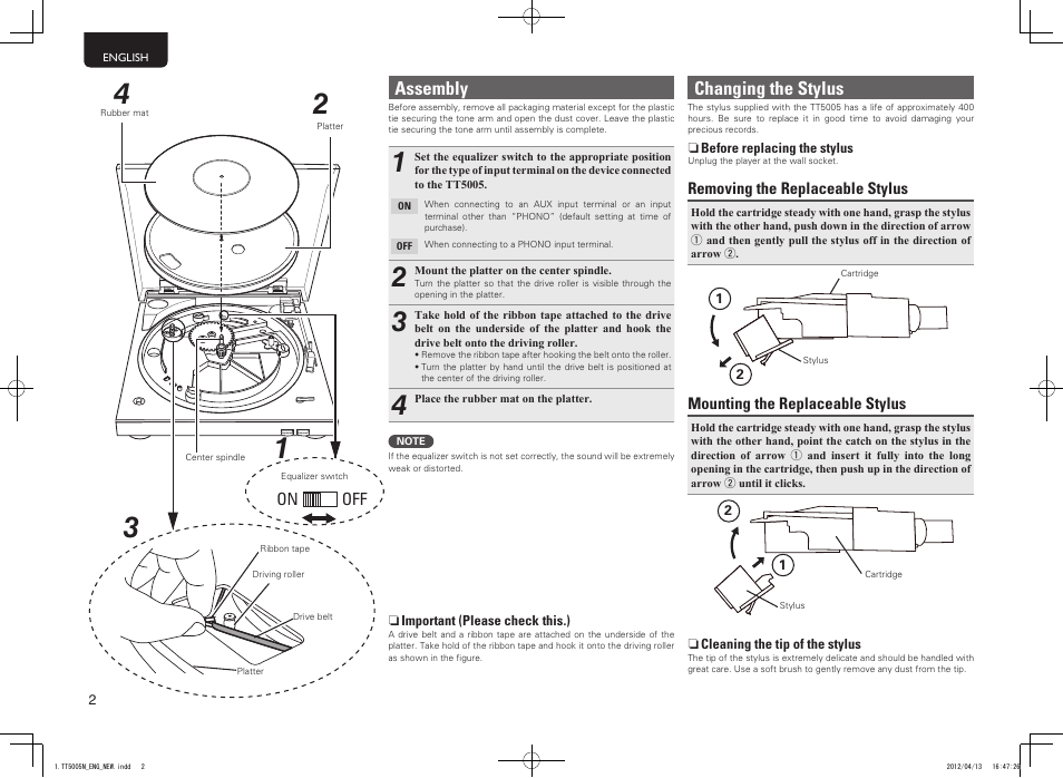 Assembly, Changing the stylus | Marantz TT5005N User Manual | Page 6 / 12