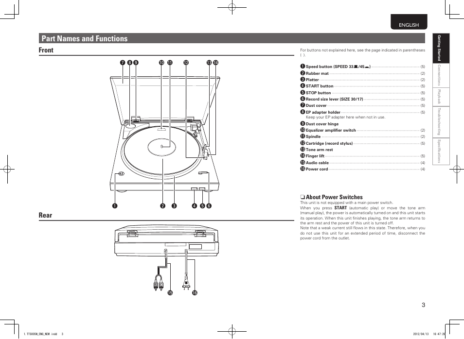 Part names and functions, Front rear | Marantz TT5005N User Manual | Page 7 / 12