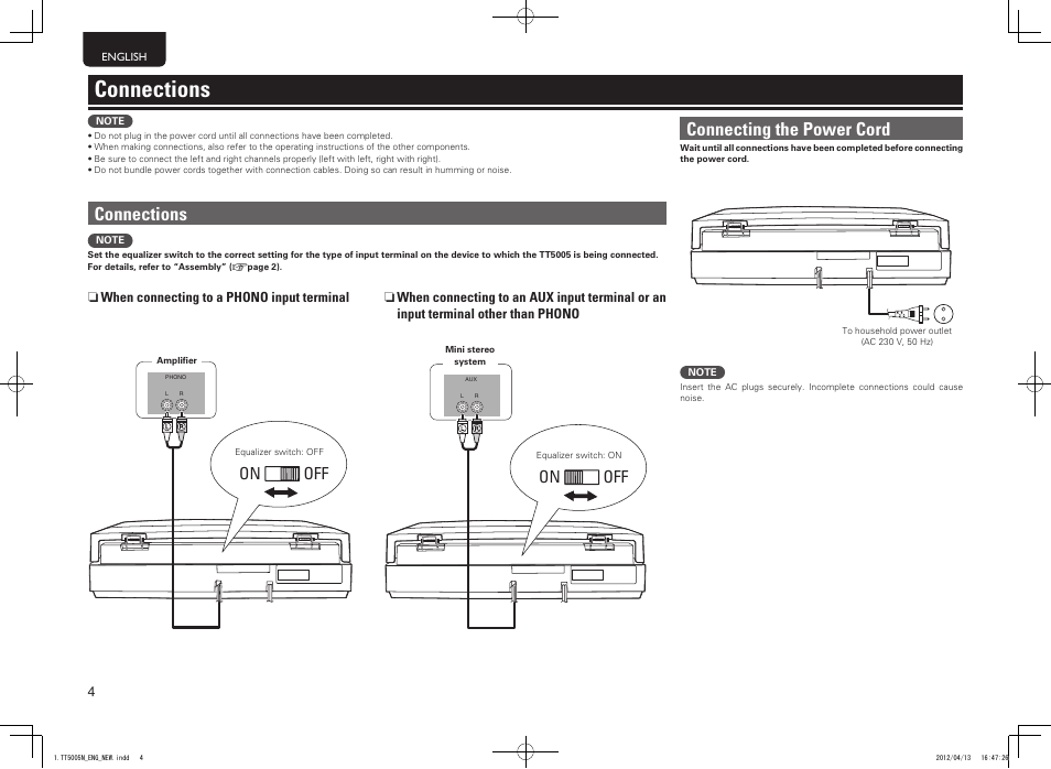 Connections, Connecting the power cord, Off on | Marantz TT5005N User Manual | Page 8 / 12