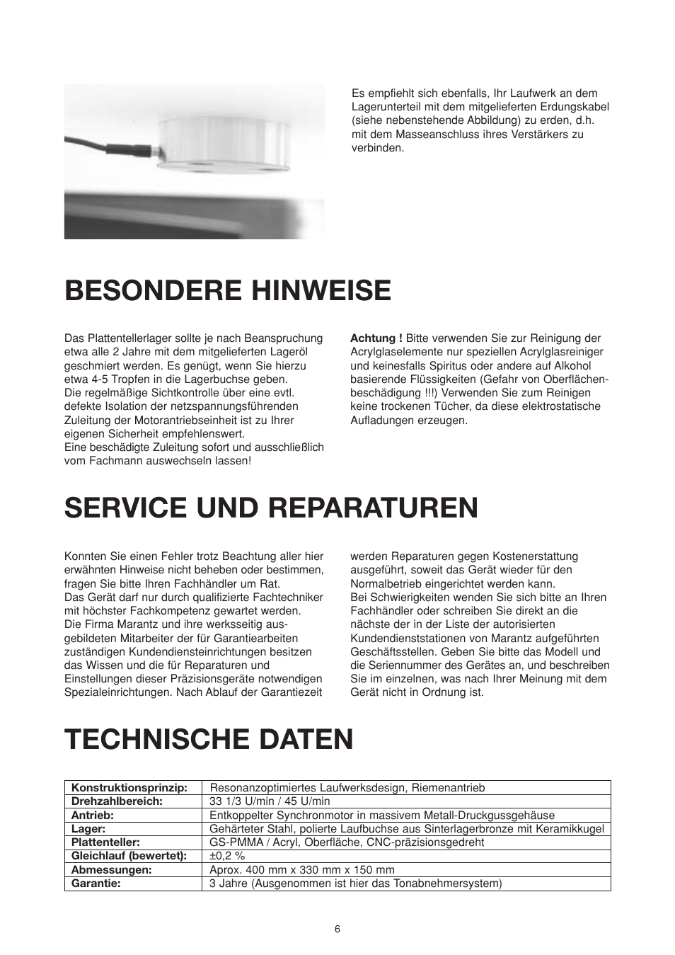 Besondere hinweise, Service und reparaturen, Technische daten | Marantz TT15S1N User Manual | Page 14 / 39