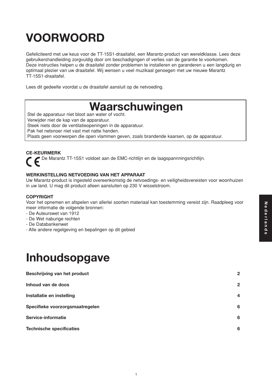 Waarschuwingen, Voorwoord inhoudsopgave | Marantz TT15S1N User Manual | Page 21 / 39