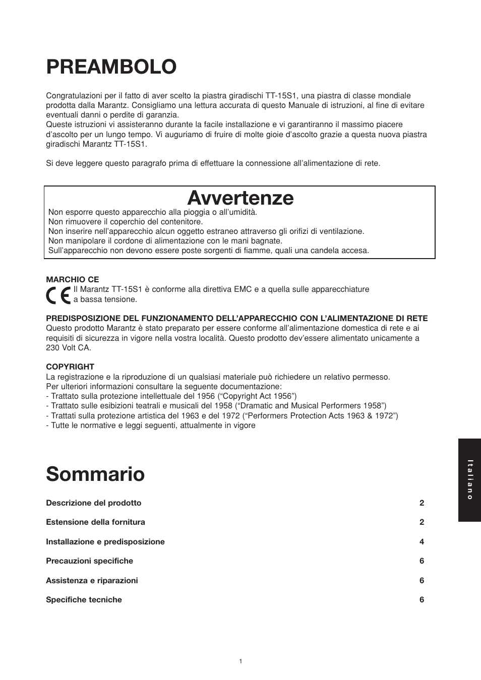 Avvertenze, Preambolo sommario | Marantz TT15S1N User Manual | Page 27 / 39