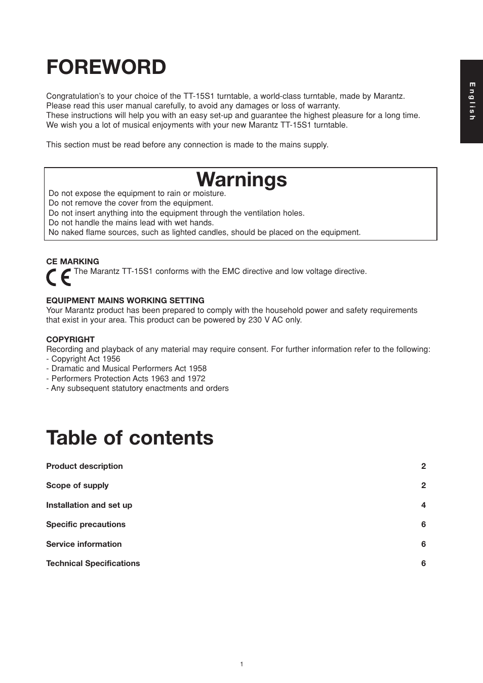 Warnings, Foreword table of contents | Marantz TT15S1N User Manual | Page 3 / 39