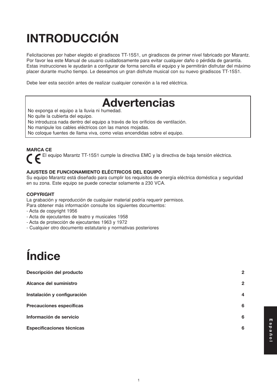 Advertencias, Introducción índice | Marantz TT15S1N User Manual | Page 33 / 39