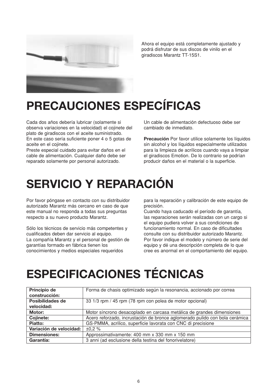 Precauciones específicas, Servicio y reparación, Especificaciones técnicas | Marantz TT15S1N User Manual | Page 38 / 39