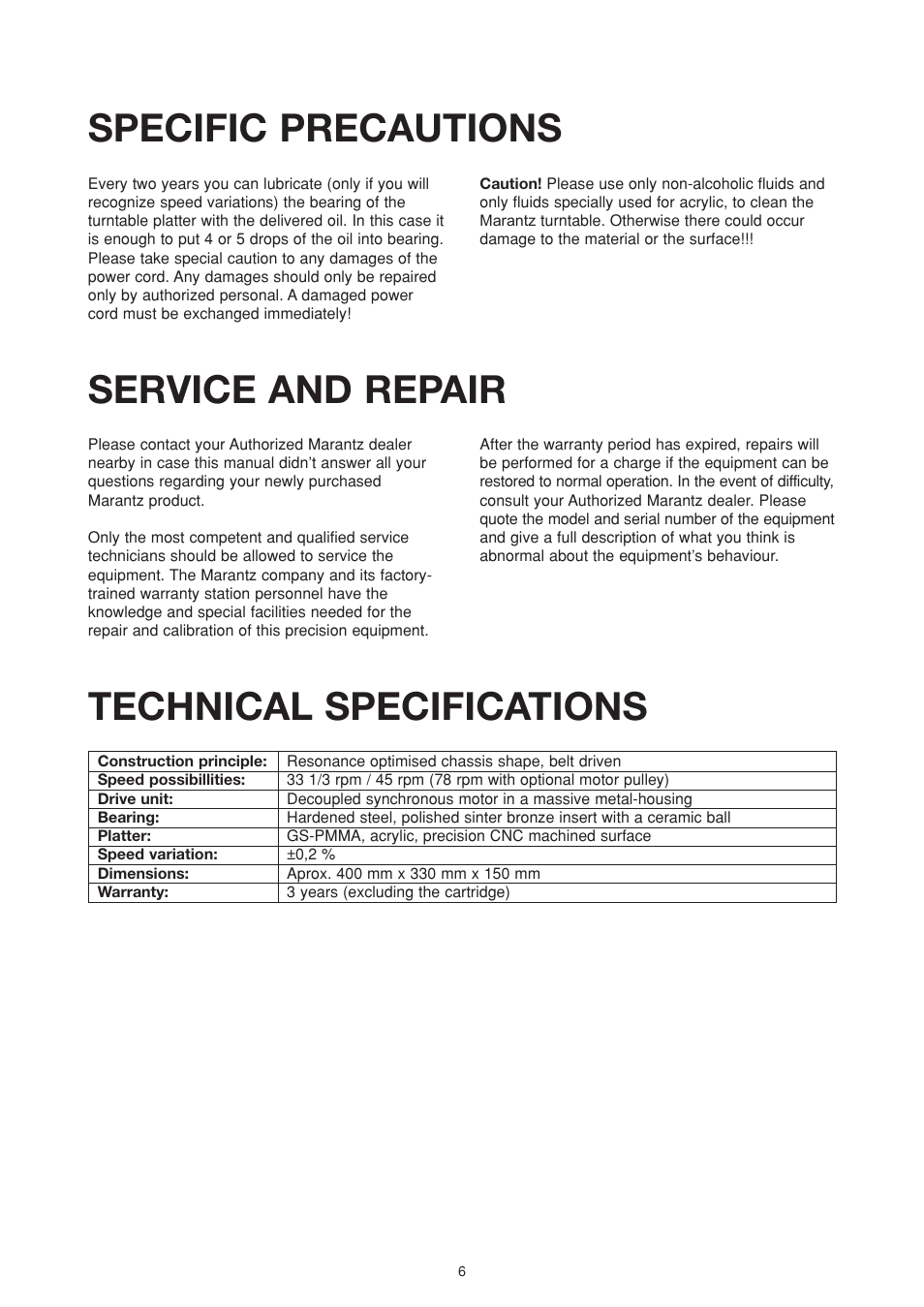 Specific precautions, Service and repair, Technical specifications | Marantz TT15S1N User Manual | Page 8 / 39