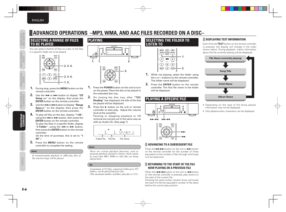 Selecting a range of files to be played, Playing, Selecting the folder to listen to | Playing a specific file | Marantz CD6003 User Manual | Page 20 / 33