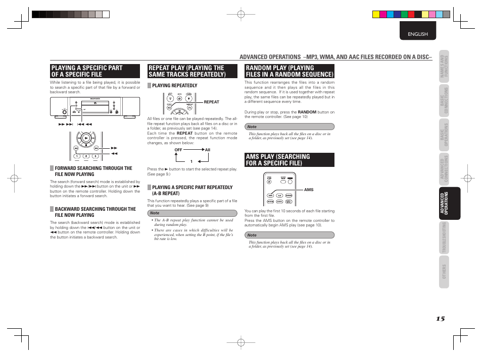 Playing a specific part of a specific file, Repeat play (playing the same tracks repeatedly), Random play (playing files in a random sequence) | Ams play (searching for a specific file) | Marantz CD6003 User Manual | Page 21 / 33
