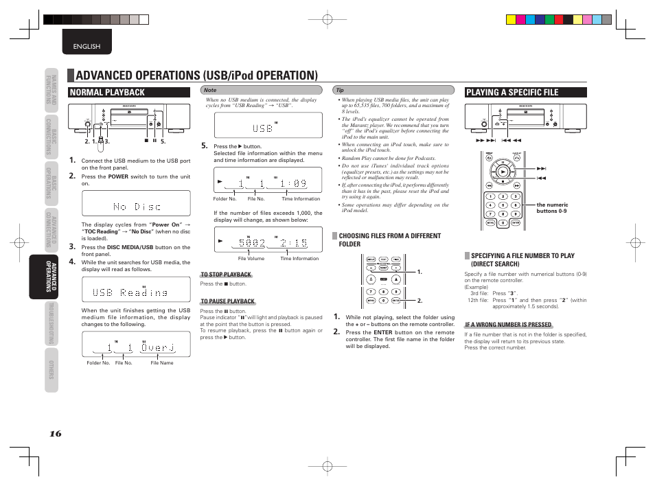 Advanced operations (usb/ipod operation), Normal playback, Playing a specific file | Marantz CD6003 User Manual | Page 22 / 33
