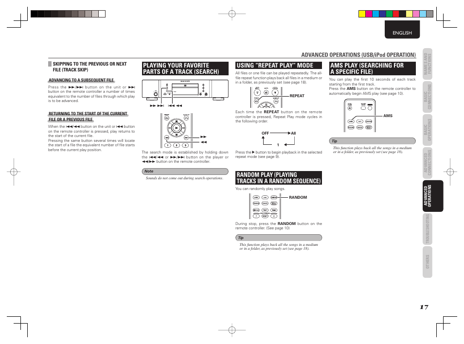 Playing your favorite parts of a track (search), Using “repeat play” mode, Random play (playing tracks in a random sequence) | Ams play (searching for a specific file) | Marantz CD6003 User Manual | Page 23 / 33