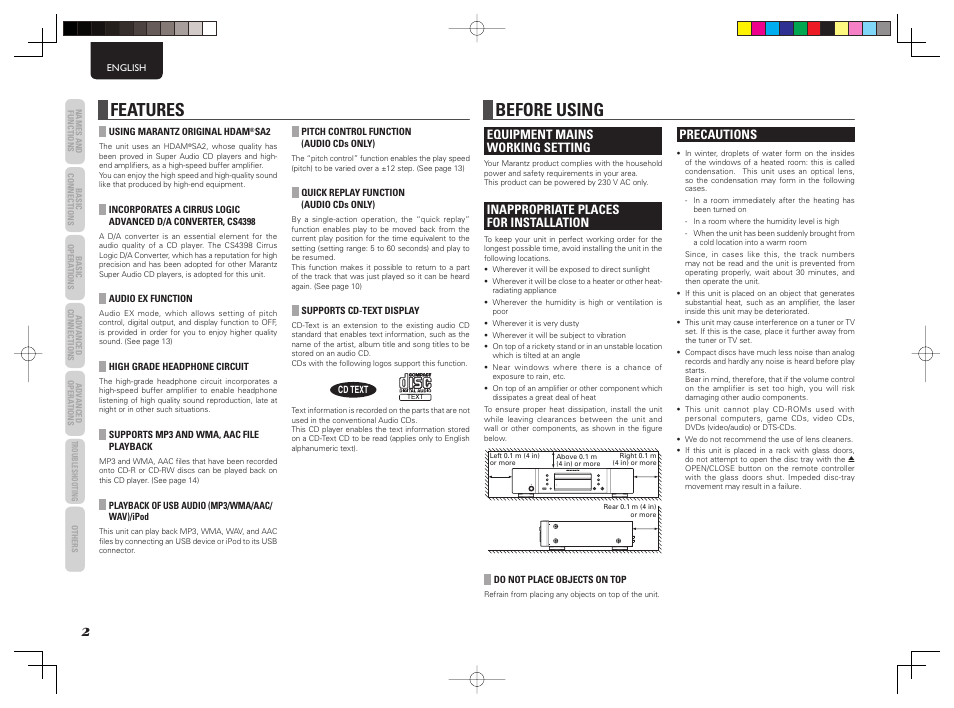 Features, Before using, Equipment mains working setting | Inappropriate places for installation, Precautions | Marantz CD6003 User Manual | Page 8 / 33
