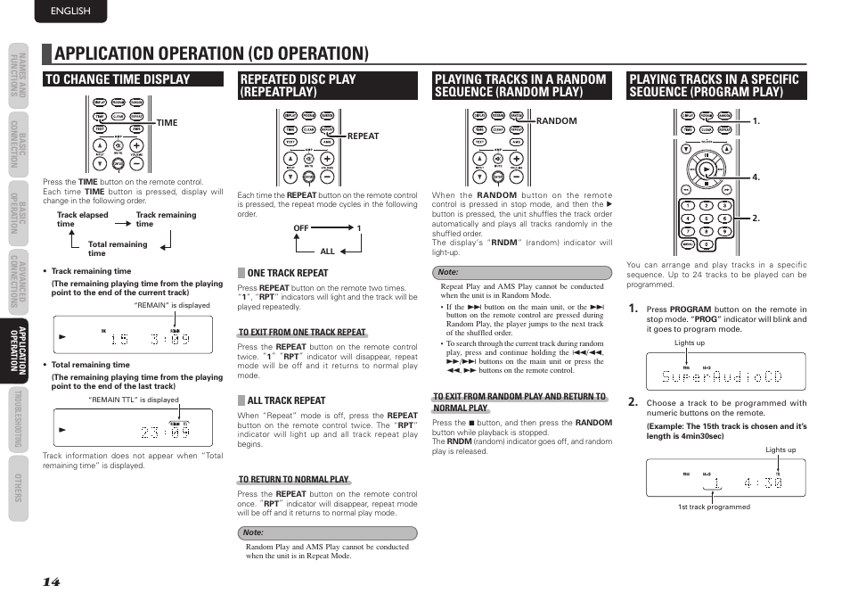 Application operation (cd operation), Repeated disc play (repeatplay), Playing tracks in a random sequence (random play) | Marantz SA7003 User Manual | Page 18 / 34