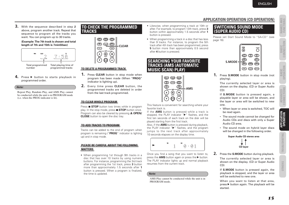 Switching sound mode (super audio cd), Application operation (cd operation) | Marantz SA7003 User Manual | Page 19 / 34