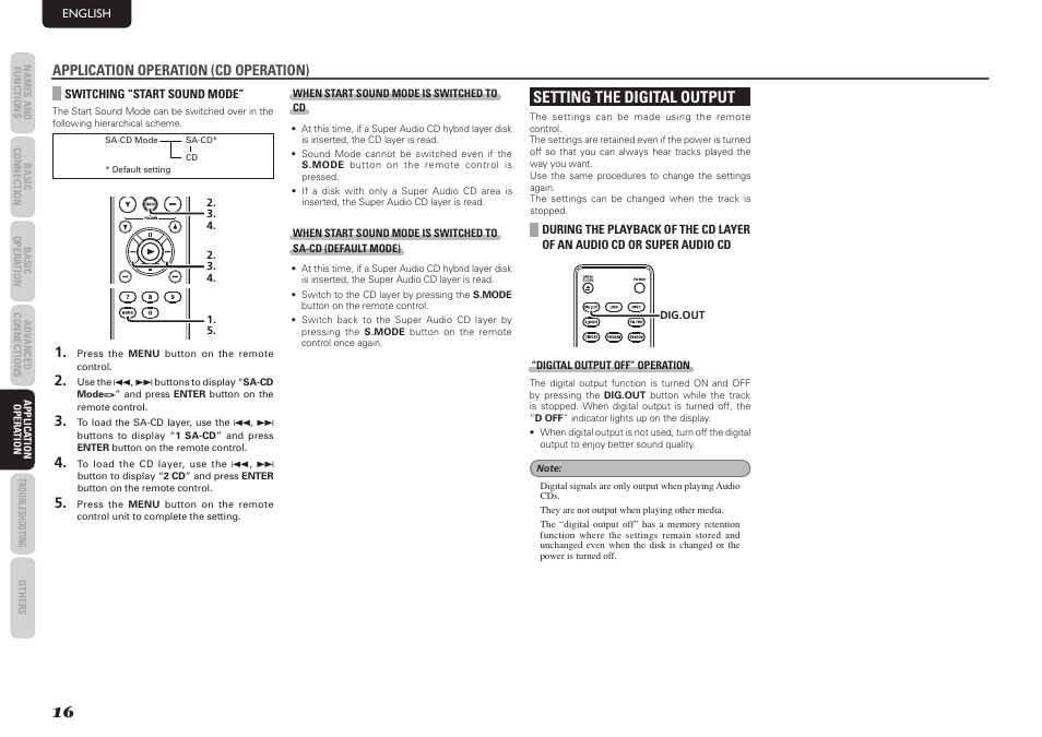 Setting the digital output, Application operation (cd operation) | Marantz SA7003 User Manual | Page 20 / 34