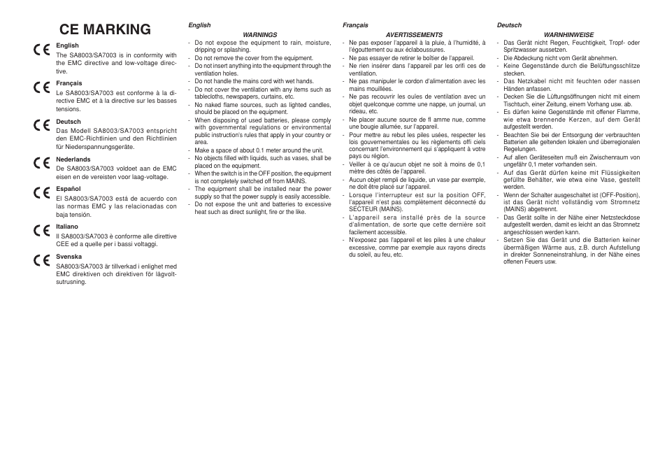 Ce marking | Marantz SA7003 User Manual | Page 3 / 34