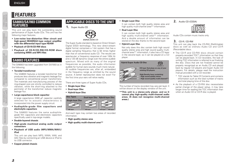 Features, Sa8003 features, Applicable discs to the unit | Marantz SA7003 User Manual | Page 6 / 34