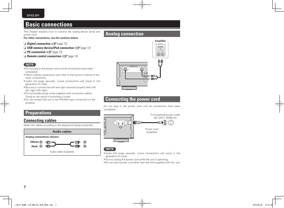 Basic connections, Preparations, Analog connection | Connecting the power cord, Connecting cables | Marantz SA-KI Pearl Lite User Manual | Page 12 / 36