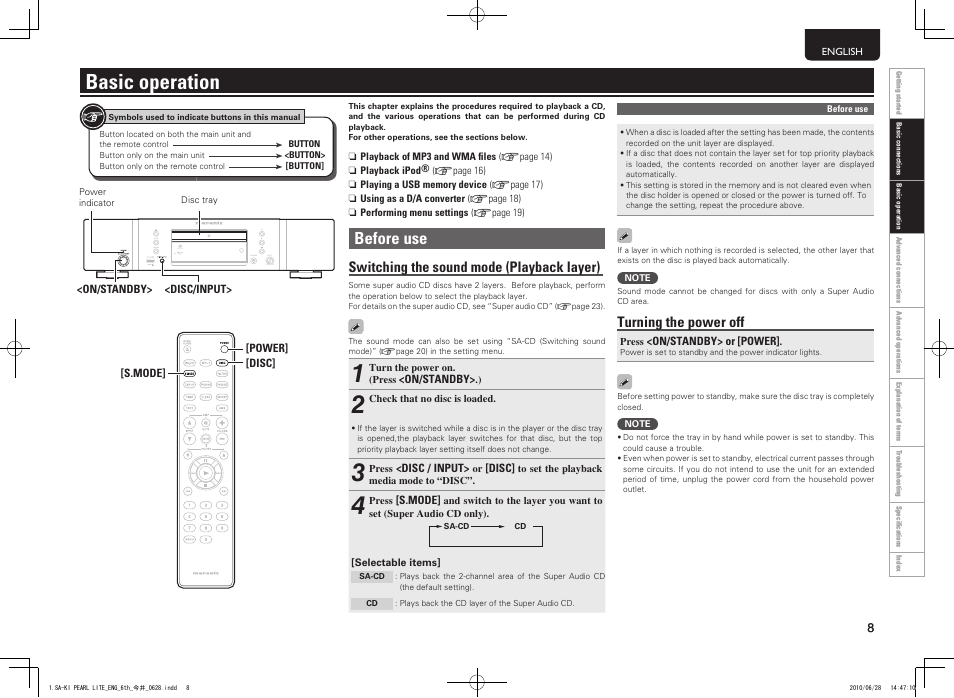 Basic operation, Before use, Switching the sound mode (playback la yer) | Turning the power off | Marantz SA-KI Pearl Lite User Manual | Page 13 / 36