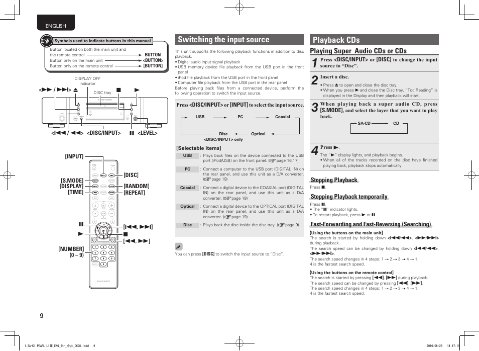 Playback cds, Switching the input source, Playing super audio cds or cds | Marantz SA-KI Pearl Lite User Manual | Page 14 / 36