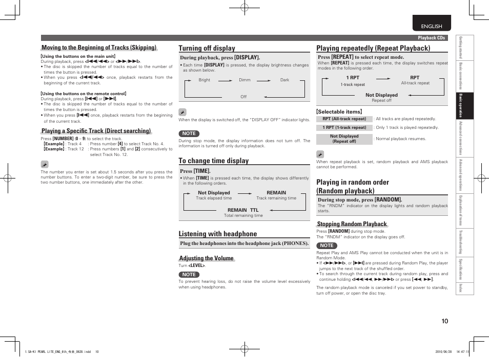Turning off display, Listening with headphone, Playing repeatedly (repeat playback) | Playing in random order (random playback) | Marantz SA-KI Pearl Lite User Manual | Page 15 / 36