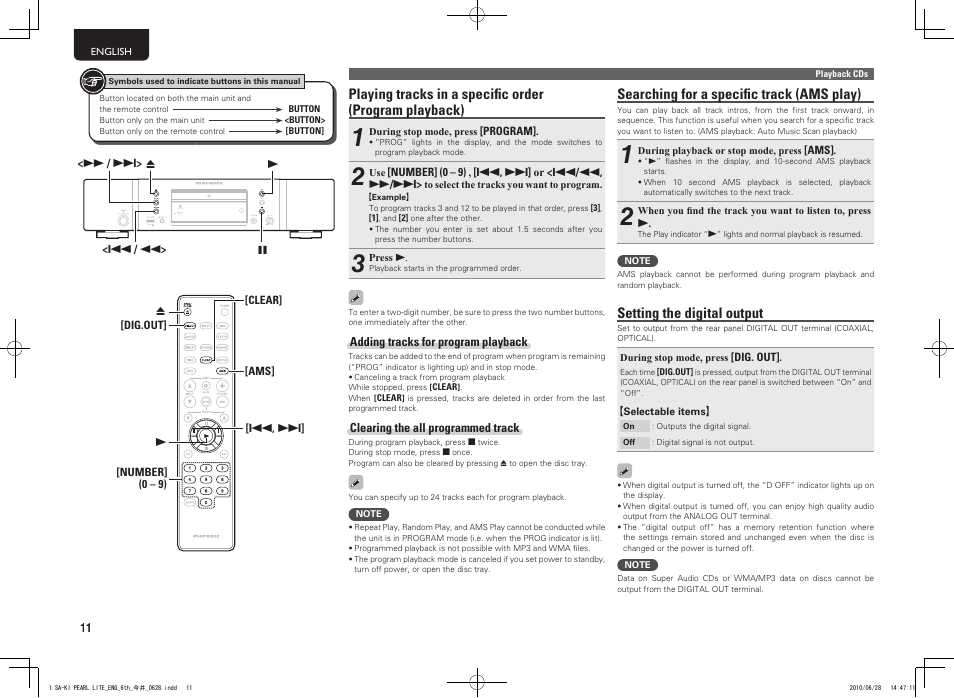 Searching for a specifi c track (ams play), Setting the digital output | Marantz SA-KI Pearl Lite User Manual | Page 16 / 36