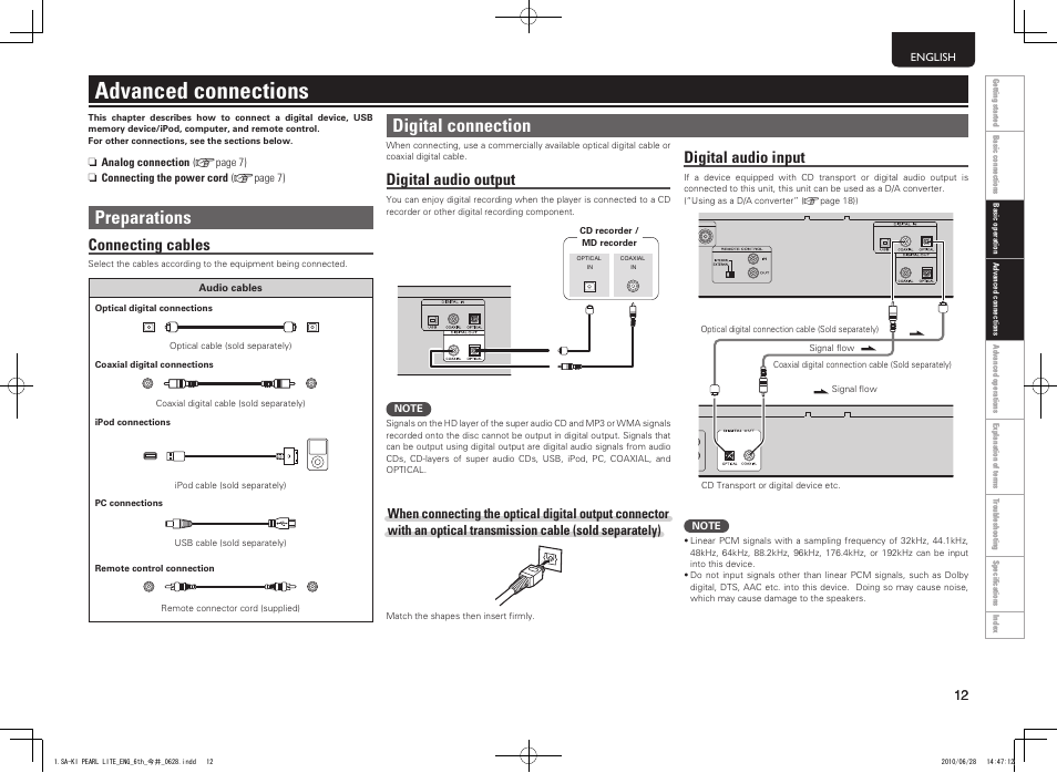 Advanced connections, Preparations, Digital connection | Connecting cables, Digital audio input, Digital audio output | Marantz SA-KI Pearl Lite User Manual | Page 17 / 36