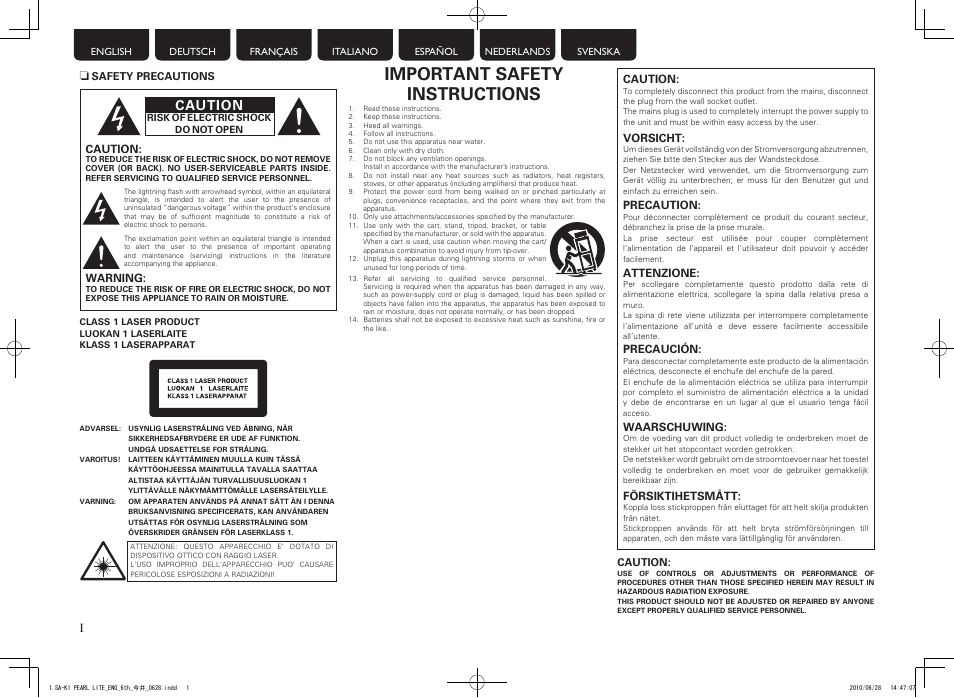 Important safety instructions, Caution | Marantz SA-KI Pearl Lite User Manual | Page 2 / 36