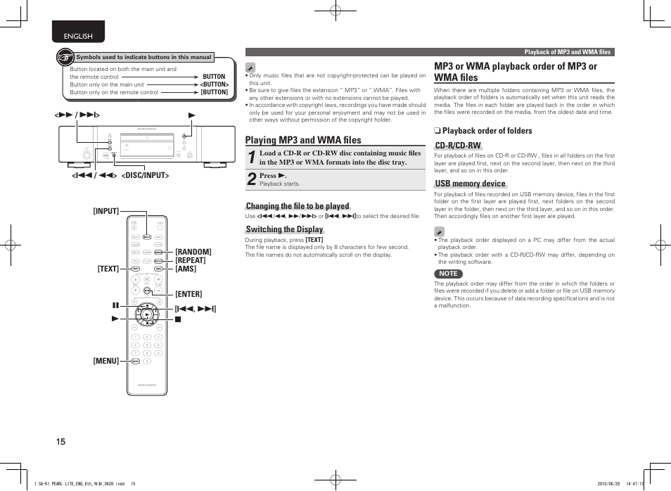 Mp3 or wma playback order of mp3 or wma fi les, Playing mp3 and wma fi les | Marantz SA-KI Pearl Lite User Manual | Page 20 / 36