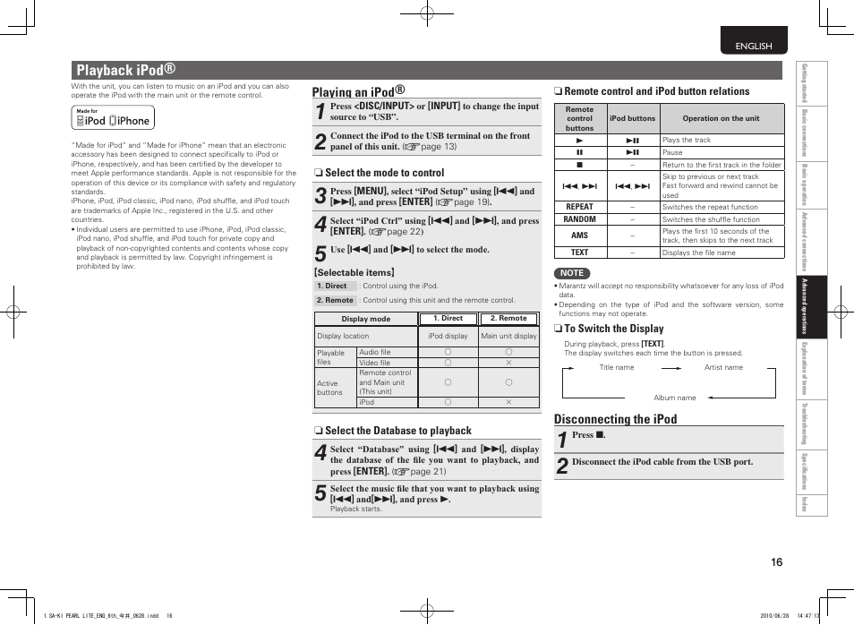 Playback ipod, Playing an ipod, Disconnecting the ipod | Marantz SA-KI Pearl Lite User Manual | Page 21 / 36