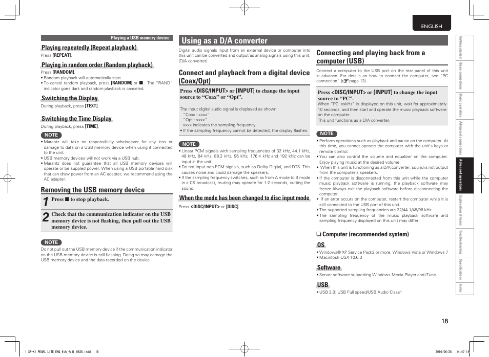 Using as a d/a converter, Connecting and playing back from a computer (usb) | Marantz SA-KI Pearl Lite User Manual | Page 23 / 36