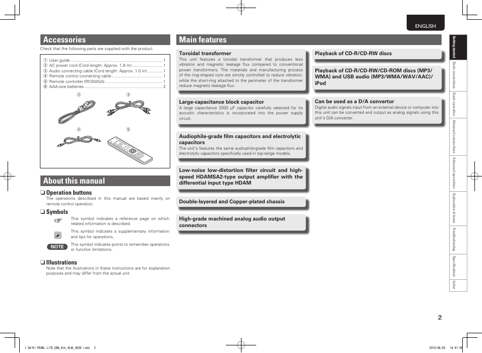 Main features, Accessories, About this manual | Marantz SA-KI Pearl Lite User Manual | Page 7 / 36