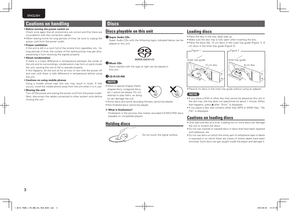 Discs, Cautions on handling, Discs playable on this unit | Holding discs, Loading discs, Cautions on loading discs | Marantz SA-KI Pearl Lite User Manual | Page 8 / 36