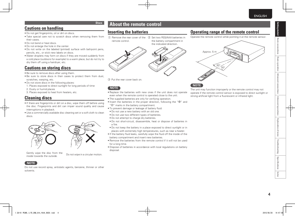 About the remote control, Cautions on handling, Cautions on storing discs | Cleaning discs, Inserting the batteries, Operating range of the remote control | Marantz SA-KI Pearl Lite User Manual | Page 9 / 36